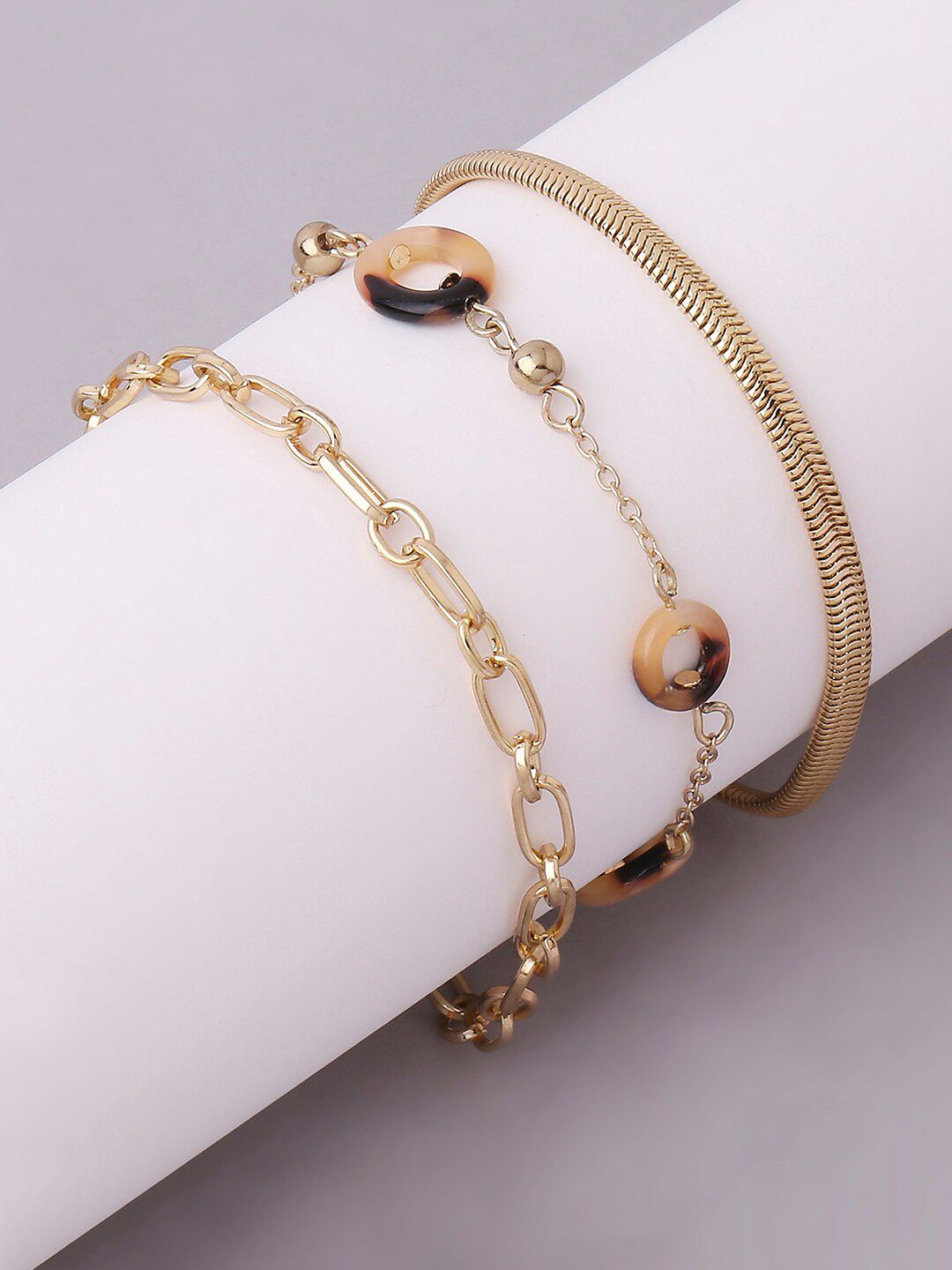 Lilly & sparkle Women Set Of 3 Gold-Toned & Gold-Plated Acetate & Link Chain Bracelet Price in India