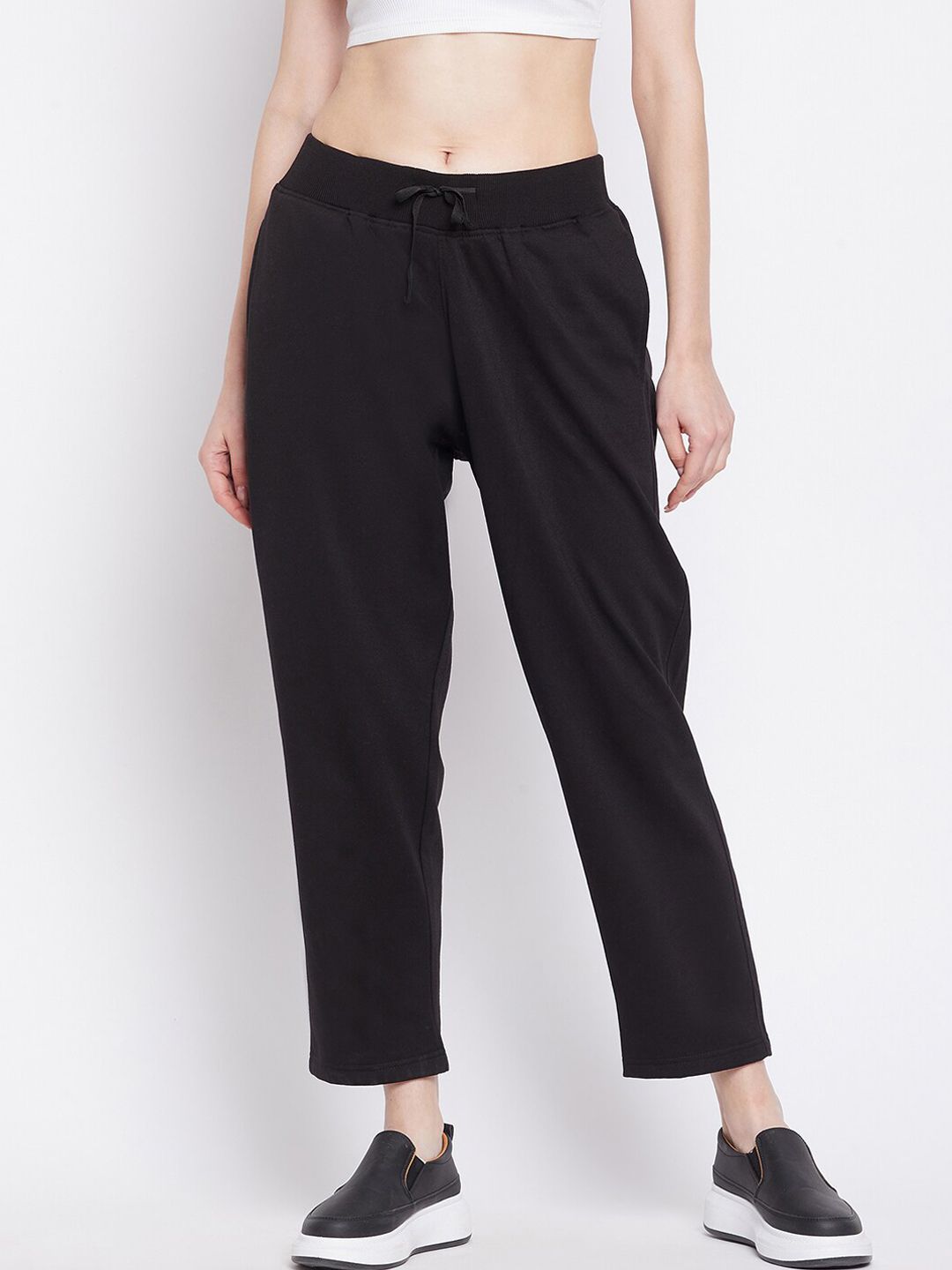 FRENCH FLEXIOUS Women Black Solid Relaxed-Fit Track Pant Price in India