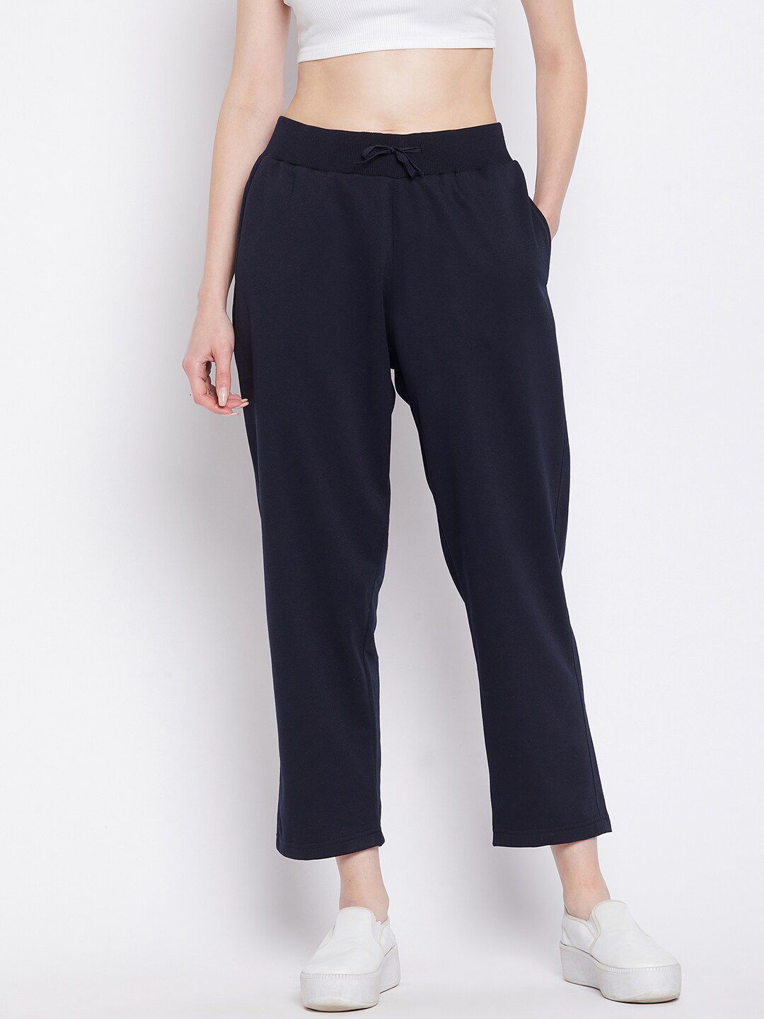 FRENCH FLEXIOUS Women Navy Blue Solid Relaxed-Fit Track Pant Price in India
