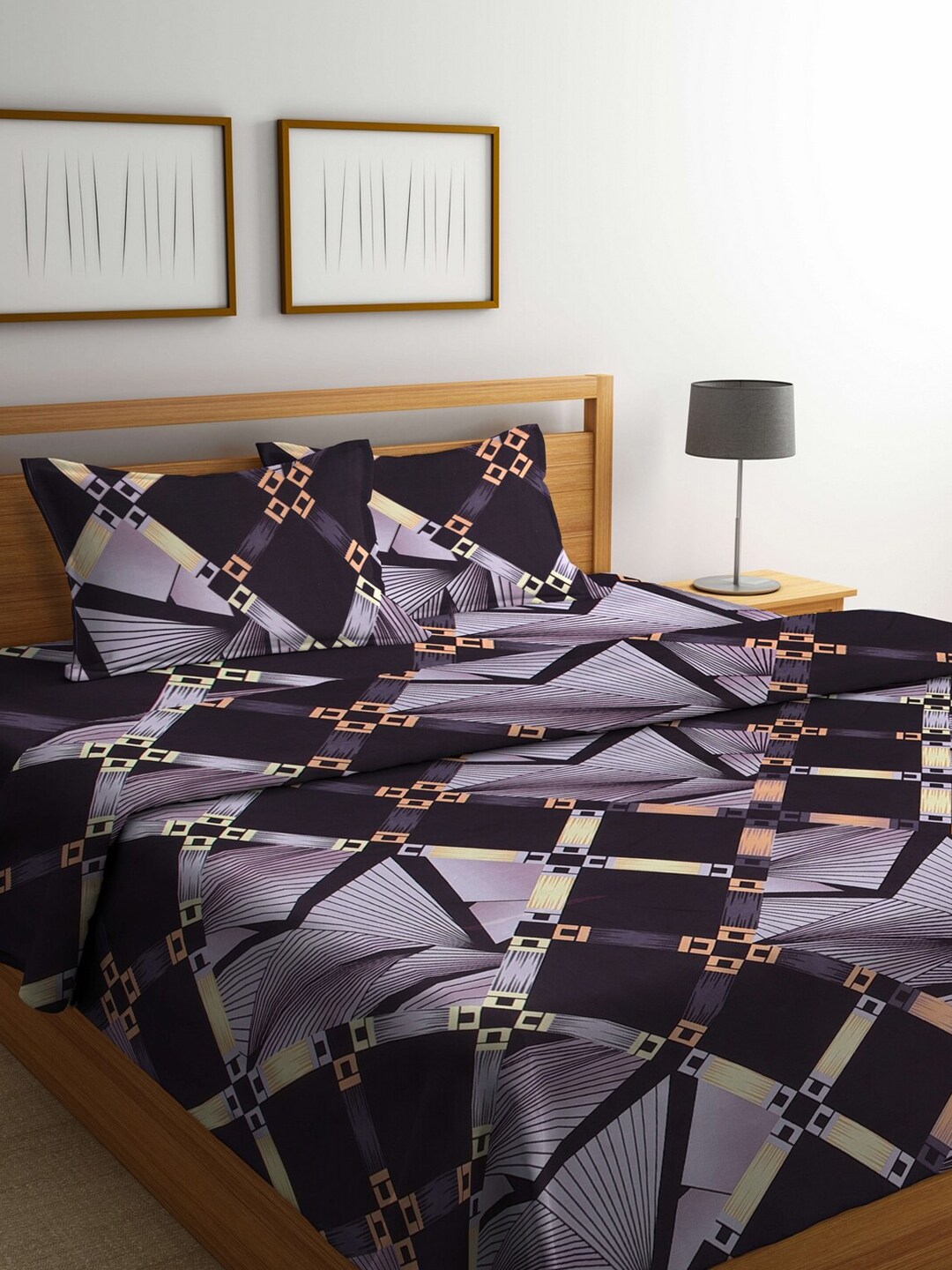 Arrabi Purple & Black Geometric 550 GSM Double Bed Bedding Set Price in India