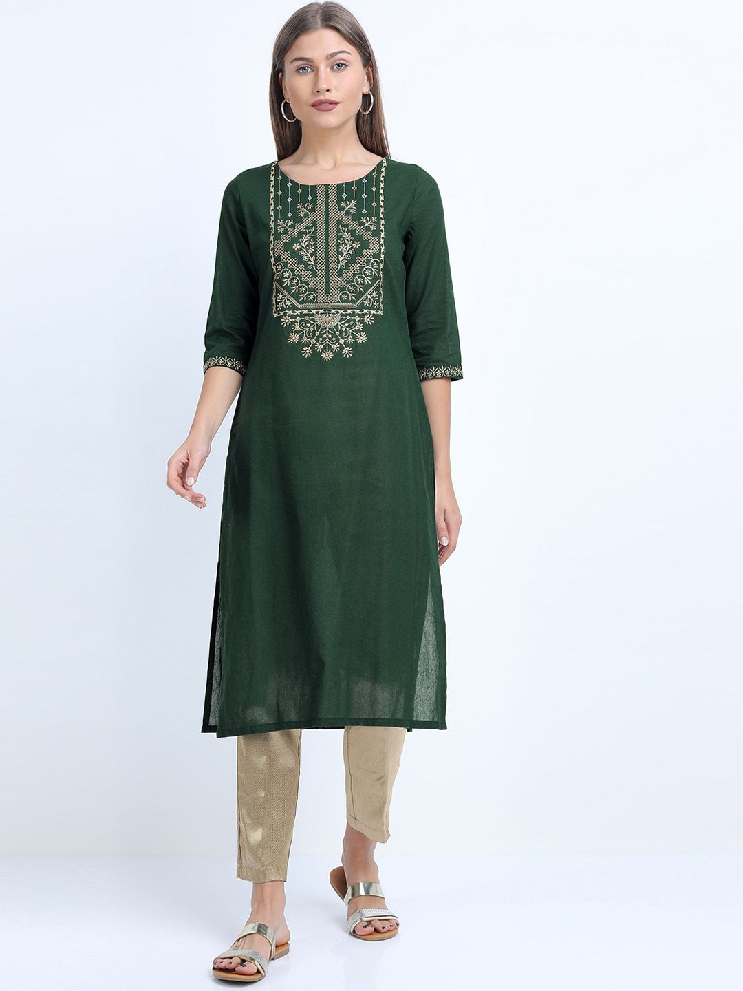Vishudh Women Green Geometric Embroidered Straight Kurta Price in India