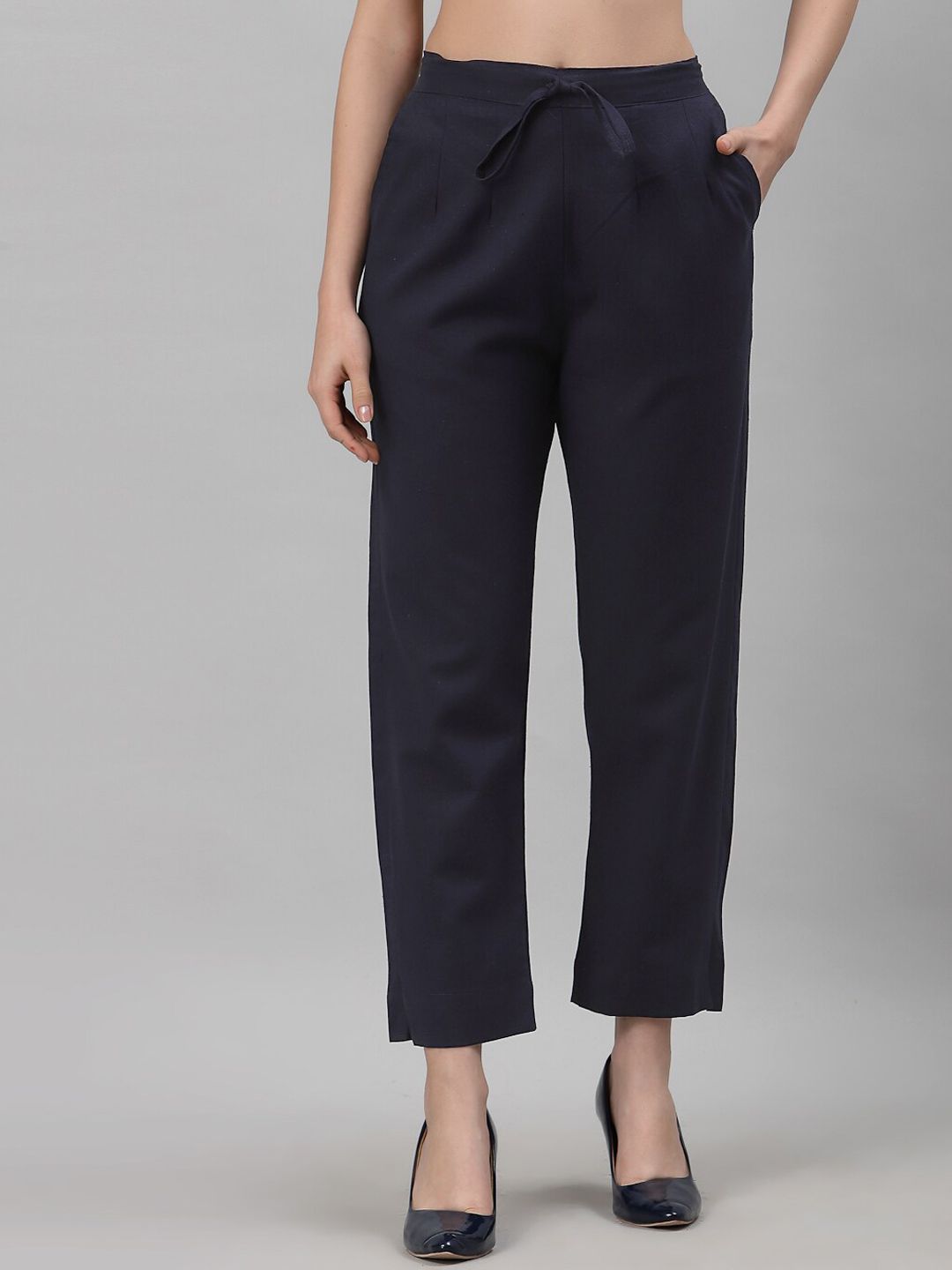 NEUDIS Women Navy Blue Classic Cropped Cigarette Trousers Price in India