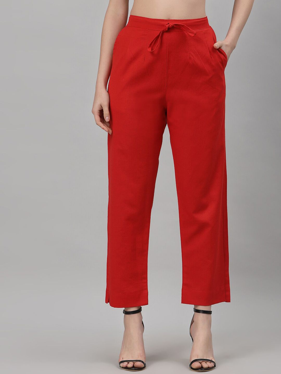 NEUDIS Women Red Classic Pure Cotton Cropped Trousers Price in India