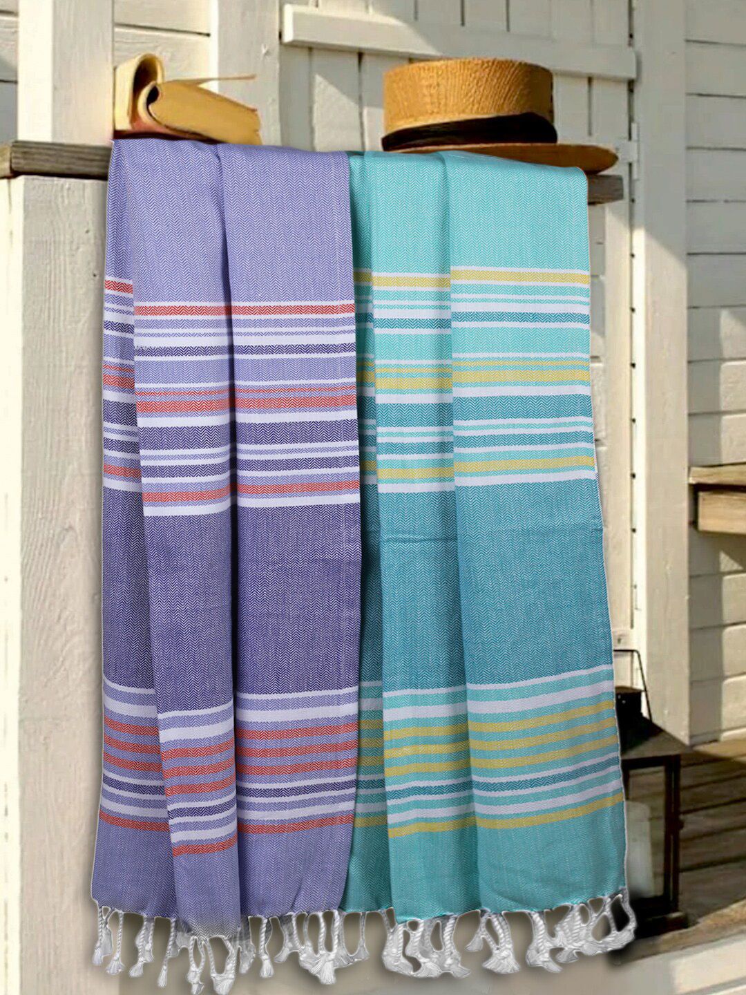 BIANCA Set Of 2 Blue & Green Striped 233 GSM Organic Cotton Bath Towels Price in India