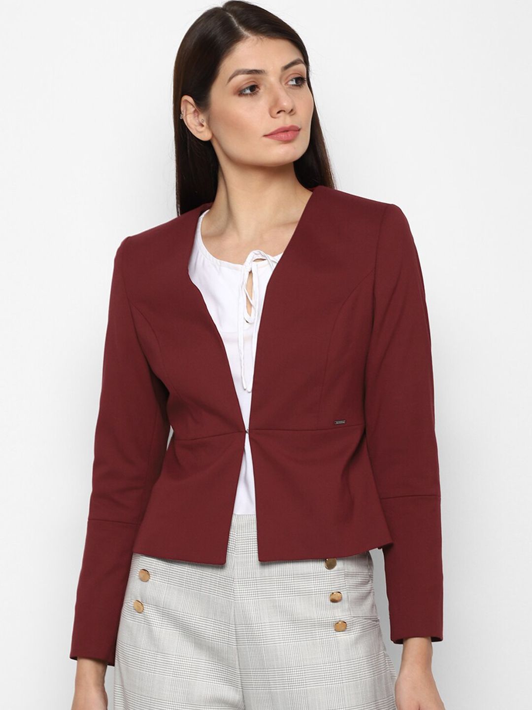 Allen Solly Woman Women Maroon Solid Single Breasted Blazer Price in India