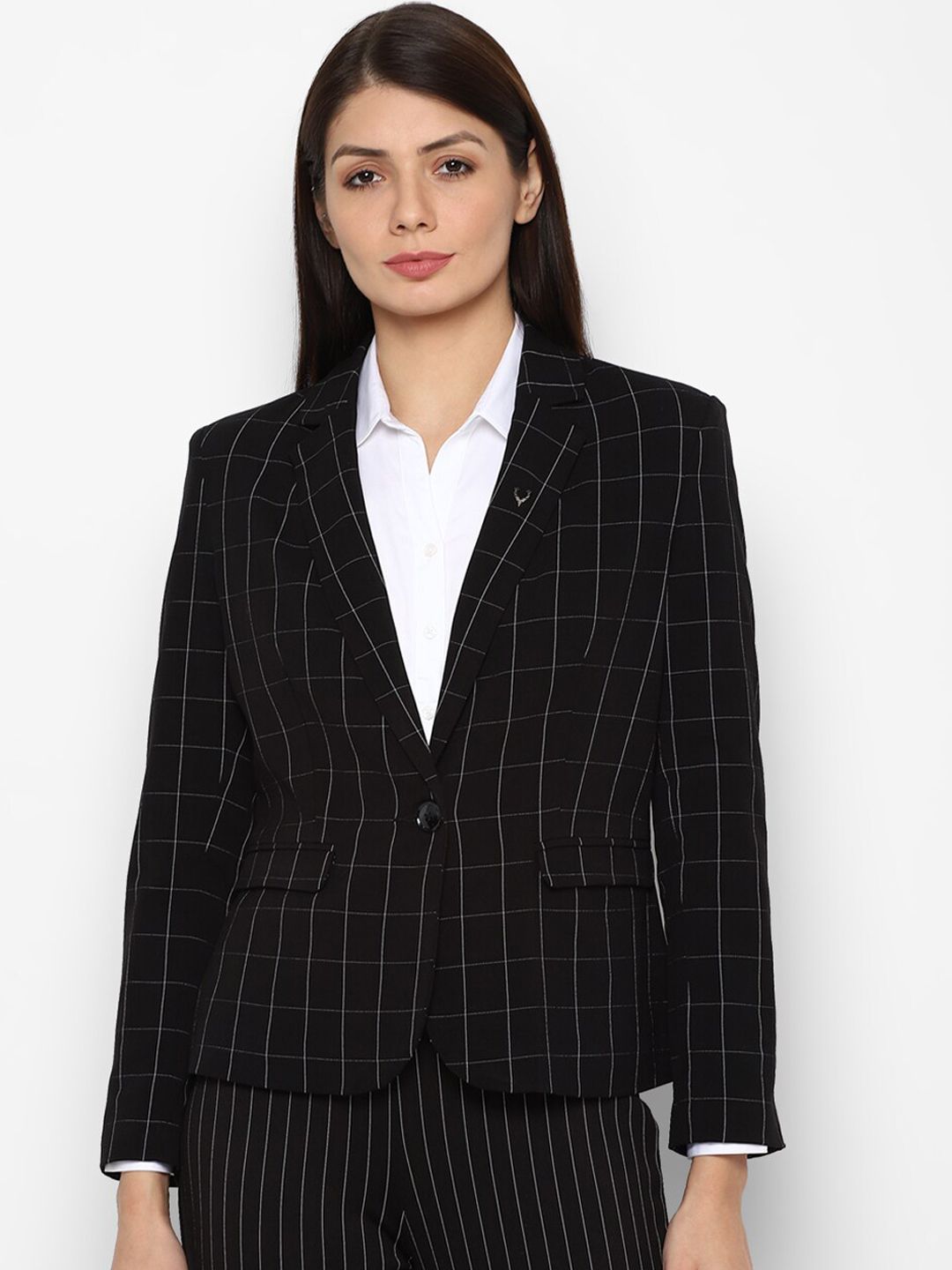 Allen Solly Woman Black Checked Single-Breasted Formal Blazer Price in India