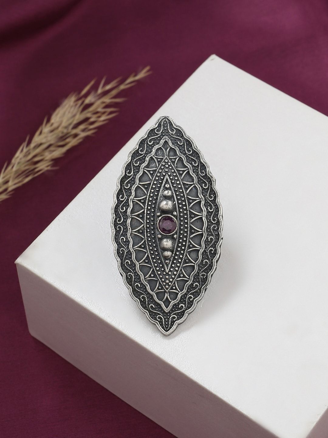 VIRAASI Oxidised Silver-Toned & Purple Stone Studded & Beaded Adjustable Finger Ring Price in India