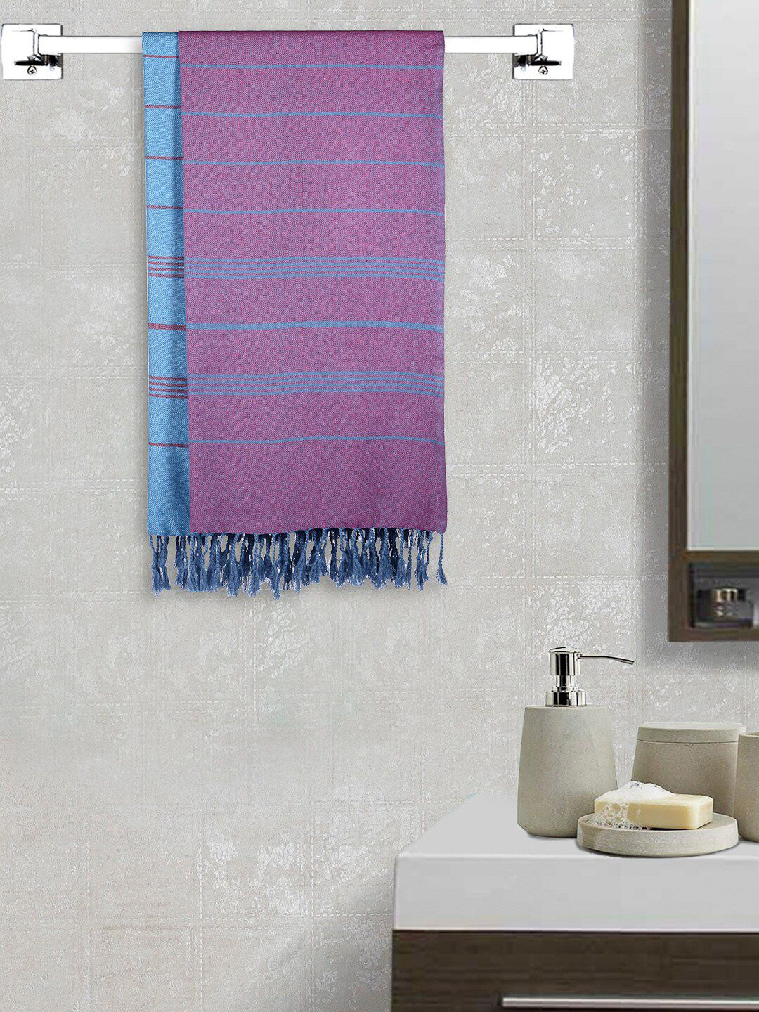 Arrabi Set Of 2 Pink & Blue Striped 210 GSM Cotton Bath Towels Price in India