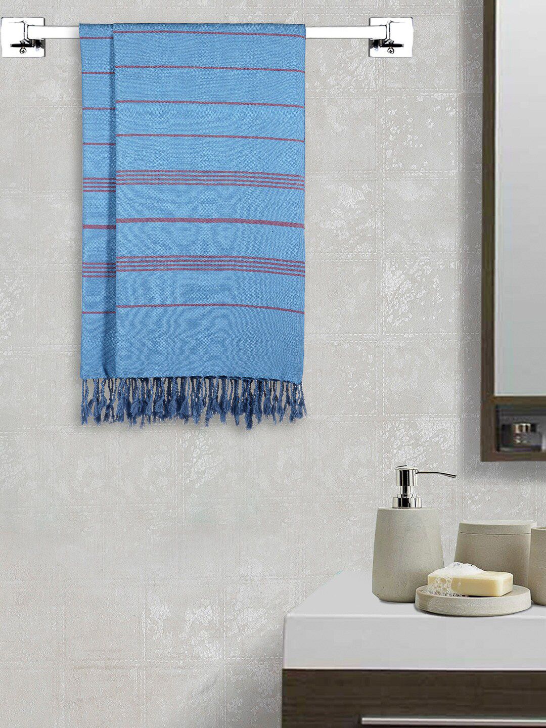 Arrabi Set of 2 Blue & Maroon Striped 210 Cotton GSM Bath Towel Price in India