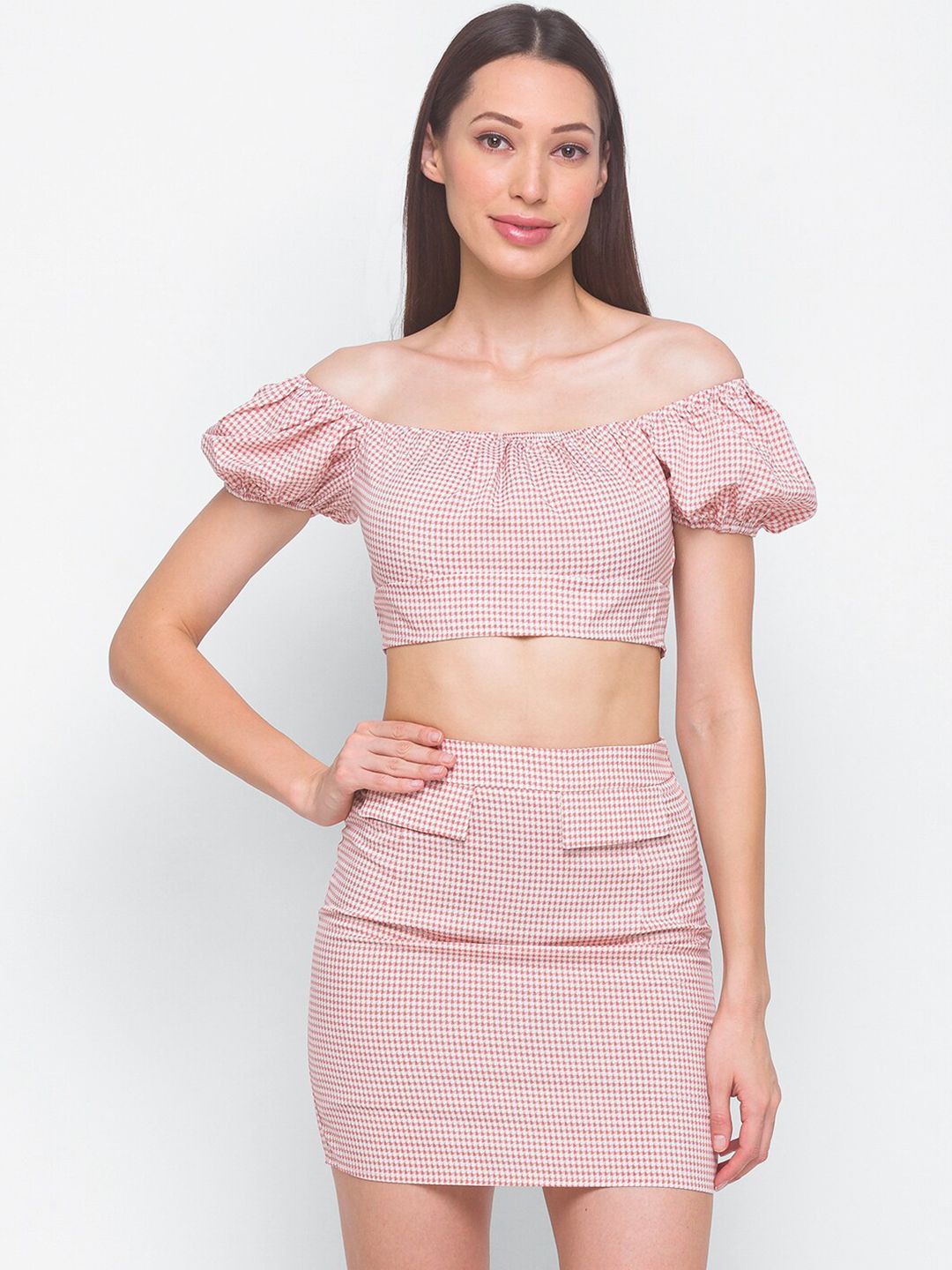 LYKKEIN Women Tartan Checked Off Shoulder Crop Top & Skirt Set