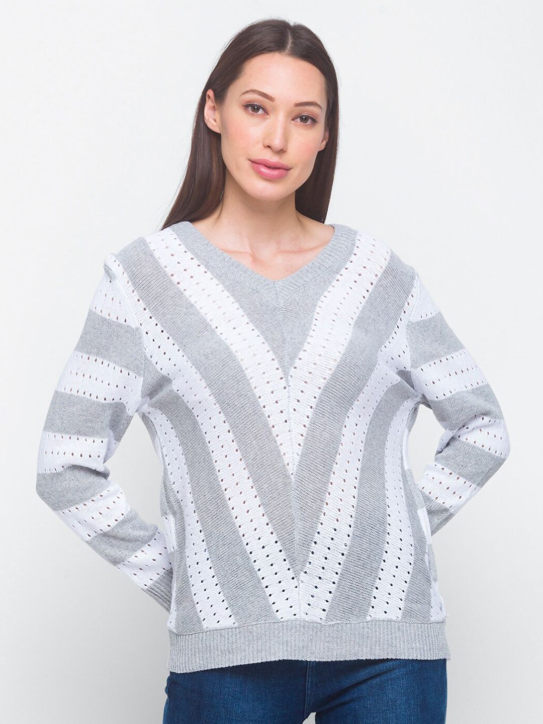 LYKKEIN Women Grey & White Pullover Price in India