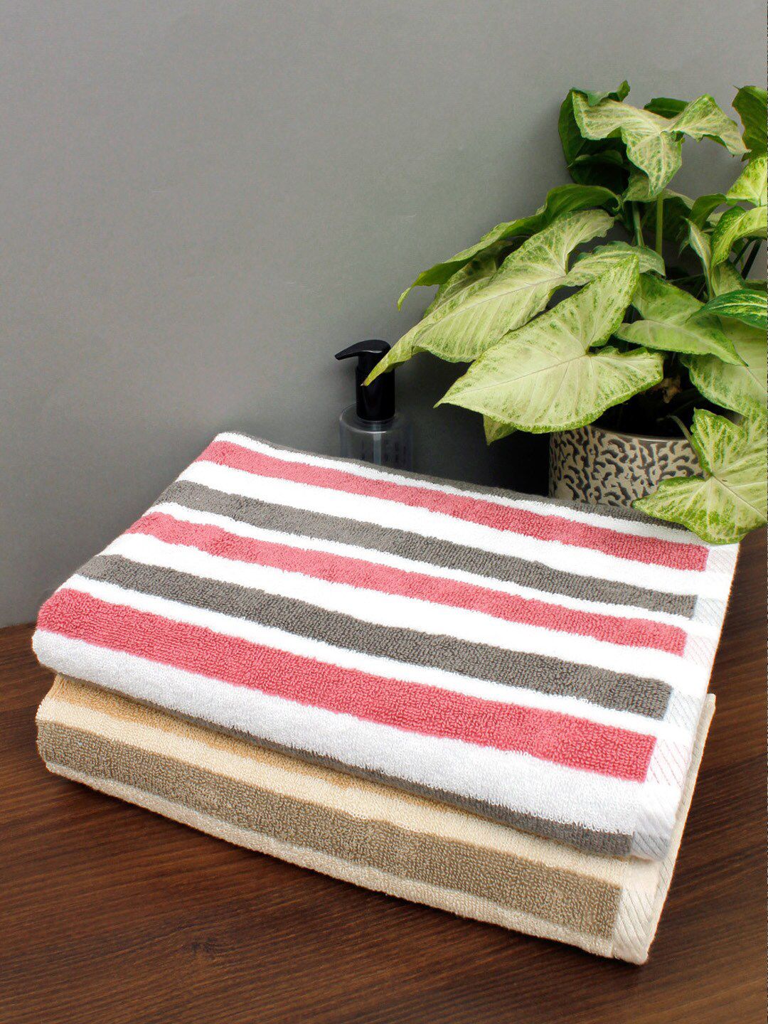 AVI Living Set Of 2 Pink & Beige Striped 500 GSM Pure Cotton Bath Towel Price in India