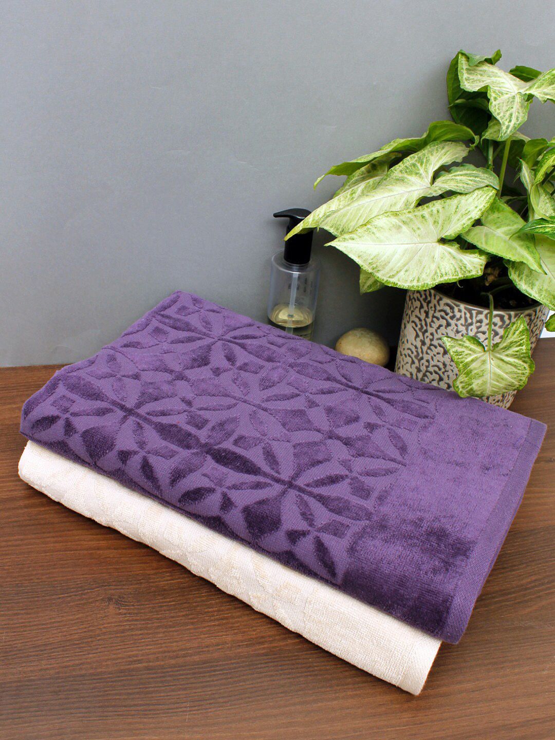 AVI Living Set Of 2 Purple & Beige 350 GSM Pure Cotton Bath Towel Price in India