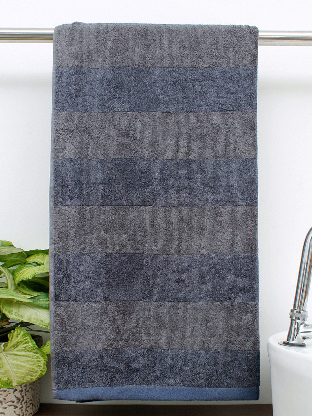 AVI Living Blue & Grey Striped 550 GSM Pure Cotton Bath Towel Price in India