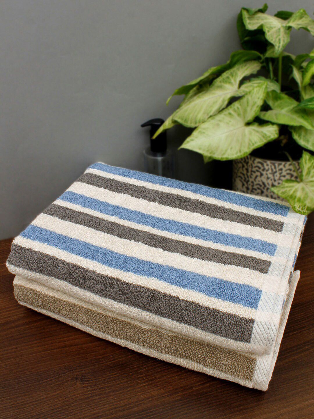AVI Living Set Of 2 Beige & Blue Striped 500 GSM Pure Cotton Bath Towels Price in India