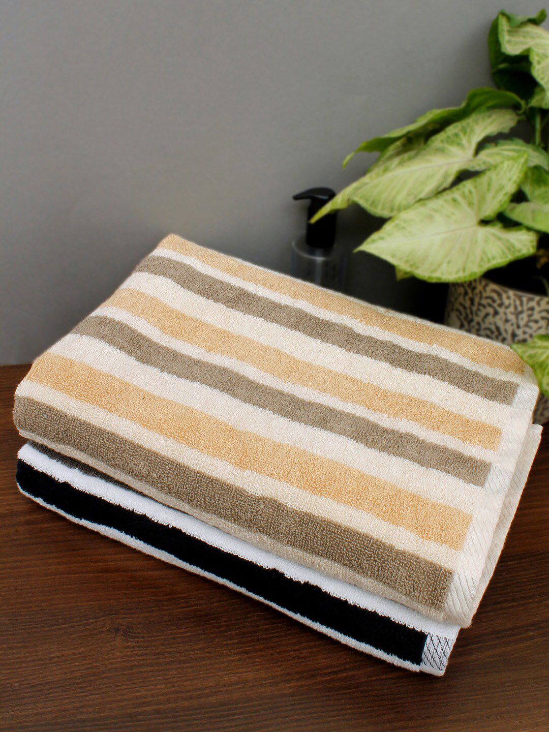 AVI Living Set Of 2 Beige & Black Striped 500 GSM Pure Cotton Bath Towels Price in India