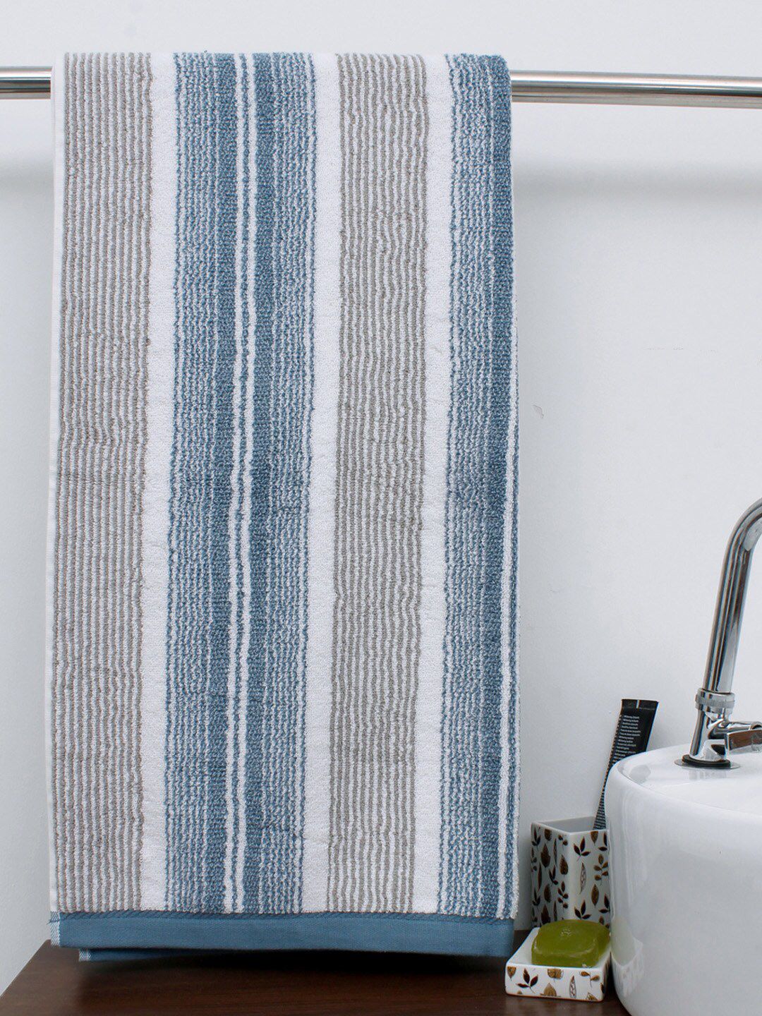 AVI Living Blue Striped 600 GSM Pure Cotton Bath Towel Price in India