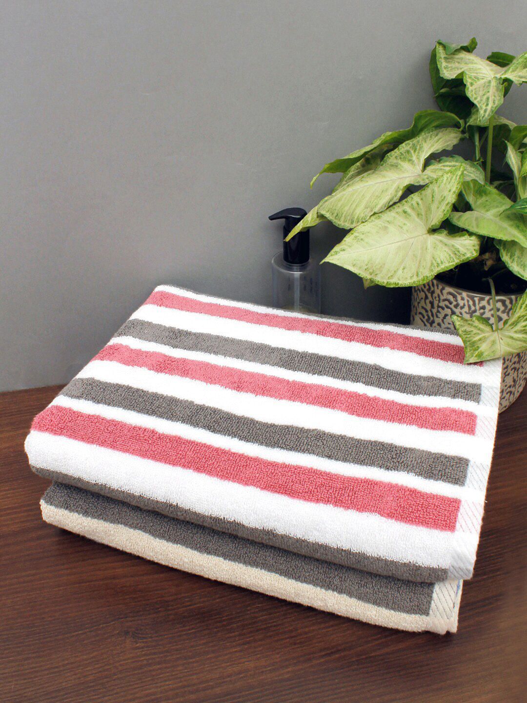 AVI Living Set Of 2 Pink & Blue Striped 500 GSM Pure Cotton Bath Towels Price in India