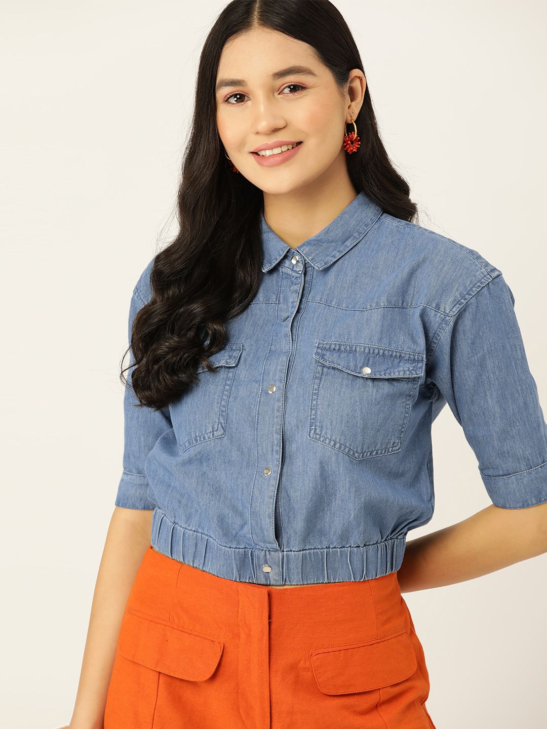 DressBerry Pure Cotton Chambray Shirt Style Top Price in India
