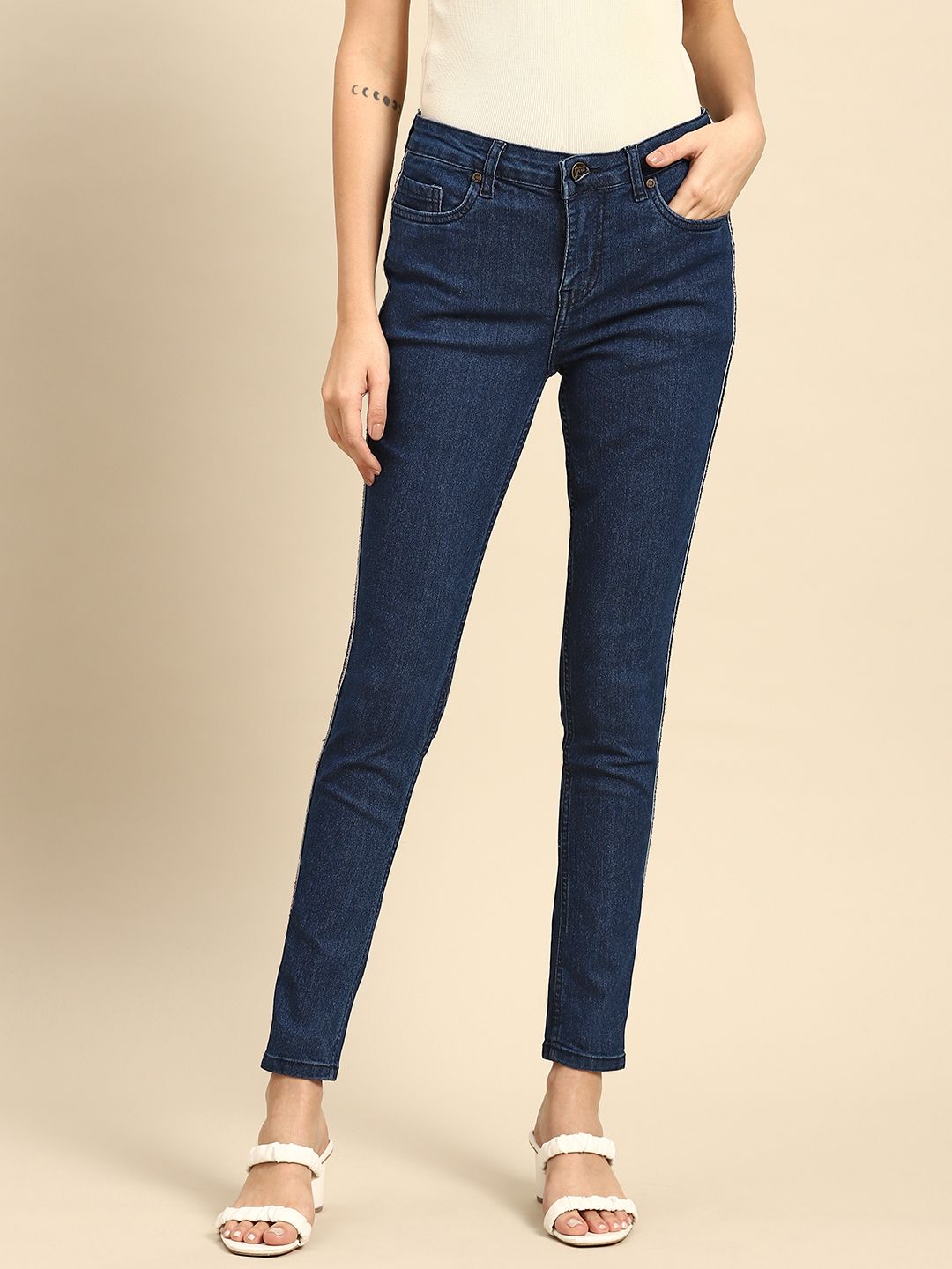 all about you Women Navy Blue Solid Mid Rise Skinny Fit Stretchable Jeans Price in India