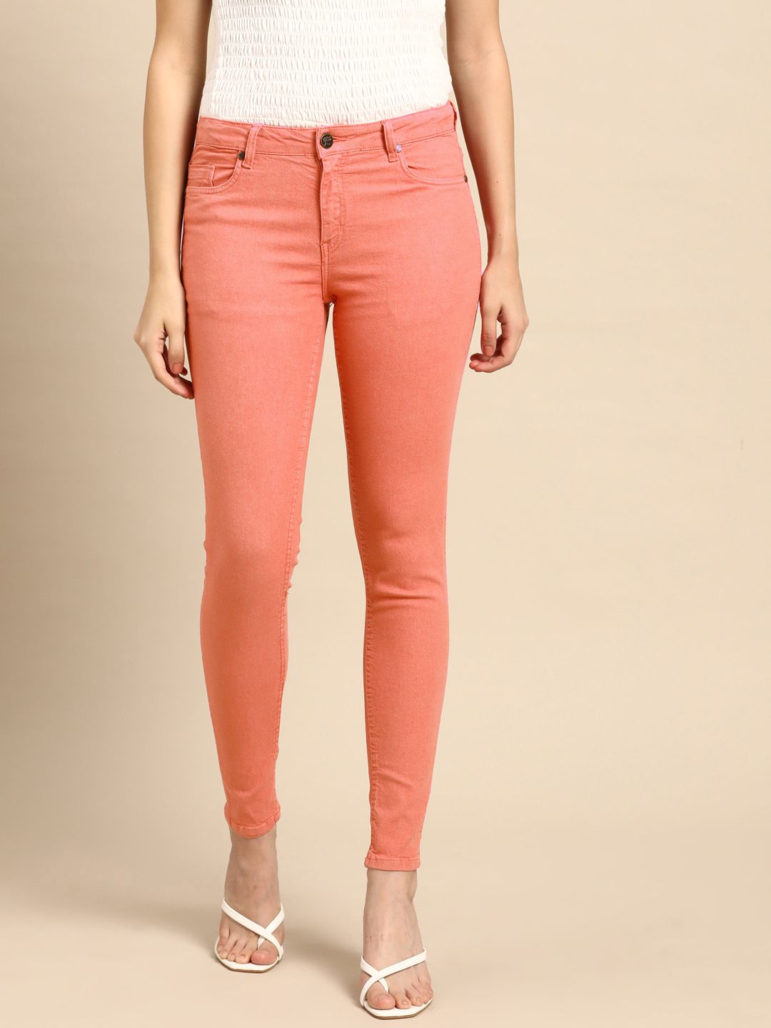 all about you Women Coral Pink Skinny Fit Stretchable Jeans Price in India