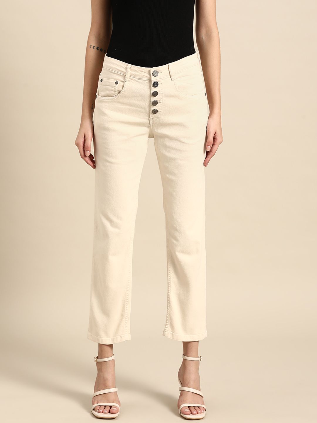 all about you Women Cream-Coloured Straight Fit Stretchable Jeans Price in India