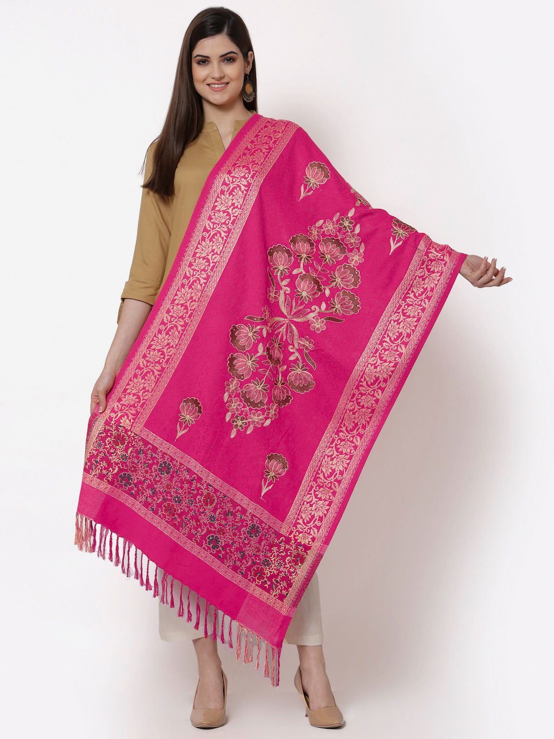 KLOTTHE Women Pink & Gold-Toned Embroidered Stole Price in India