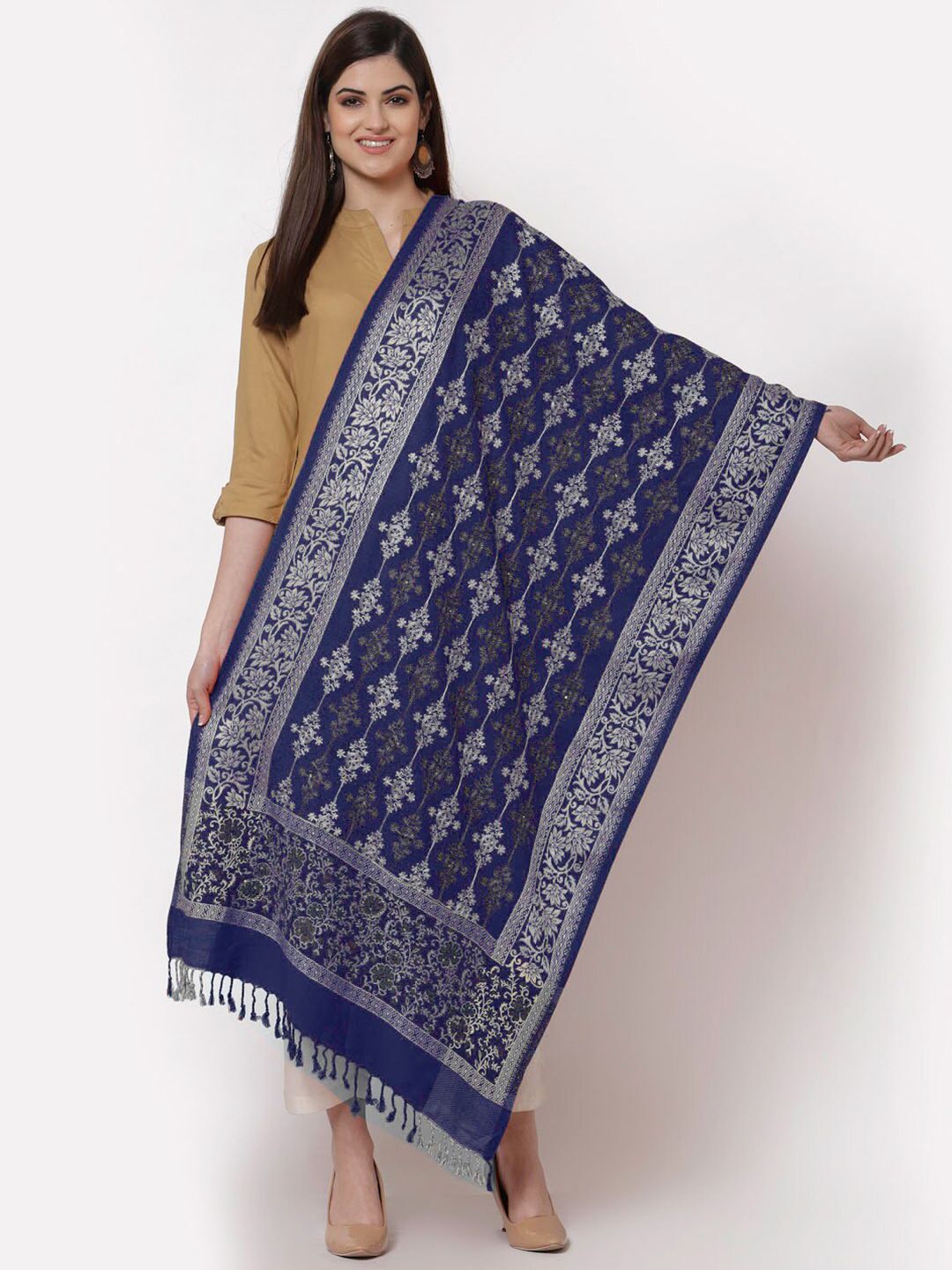 KLOTTHE Women Blue & Silver-Toned Embroidered Wool Stole Price in India