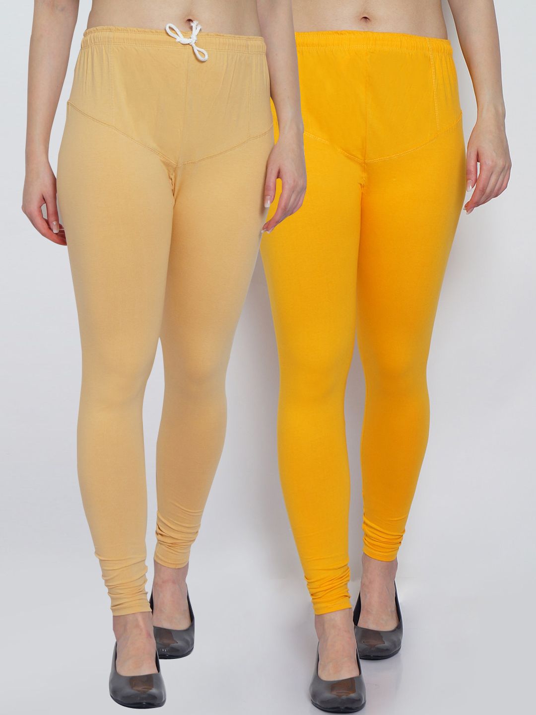 GRACIT Women Pack of 2 Yellow & Beige Solid Churidar Length Leggings Price in India