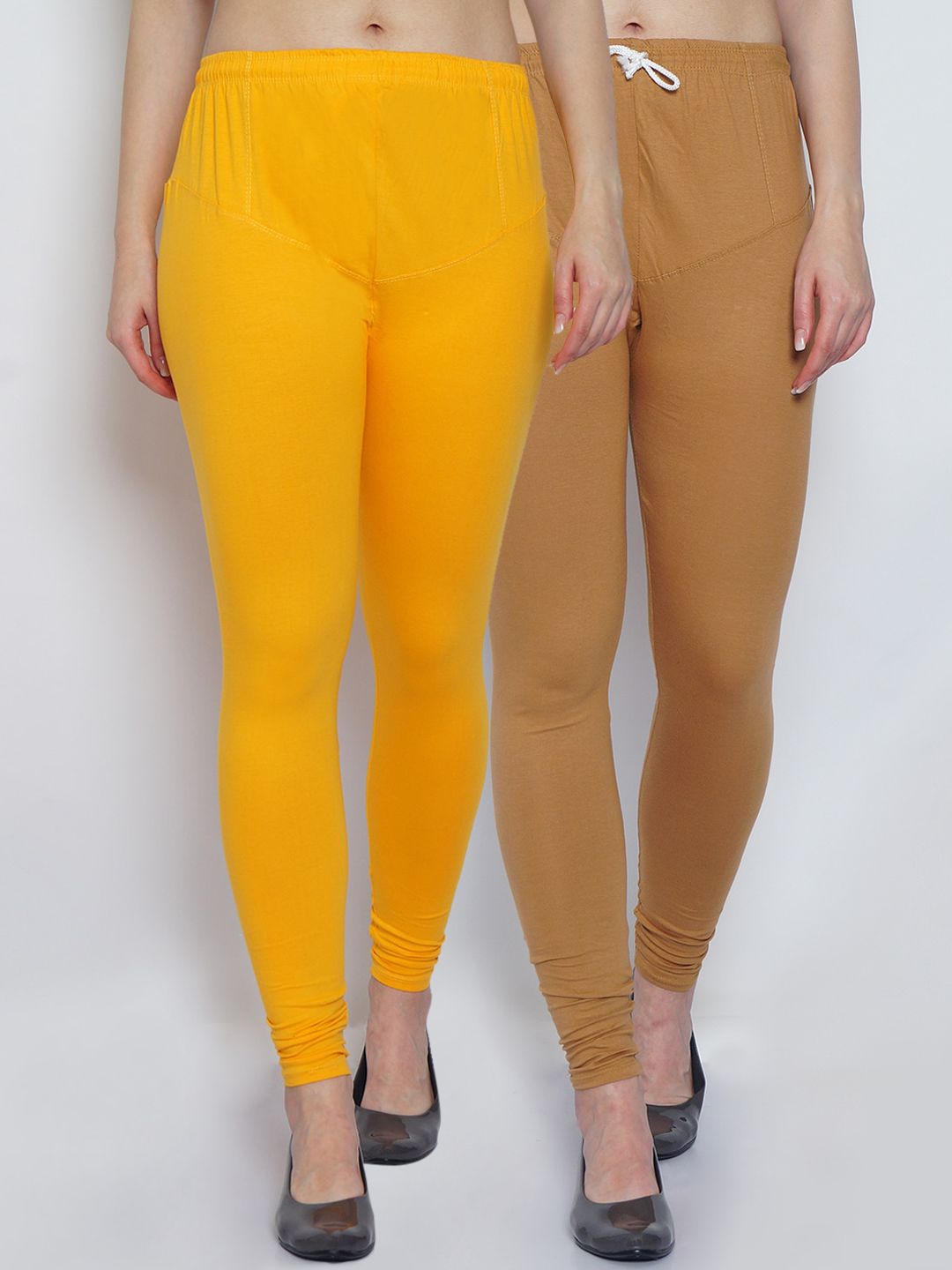GRACIT Women Pack Of 2 Yellow & Nude Colored Solid Ankle-Length Leggings Price in India