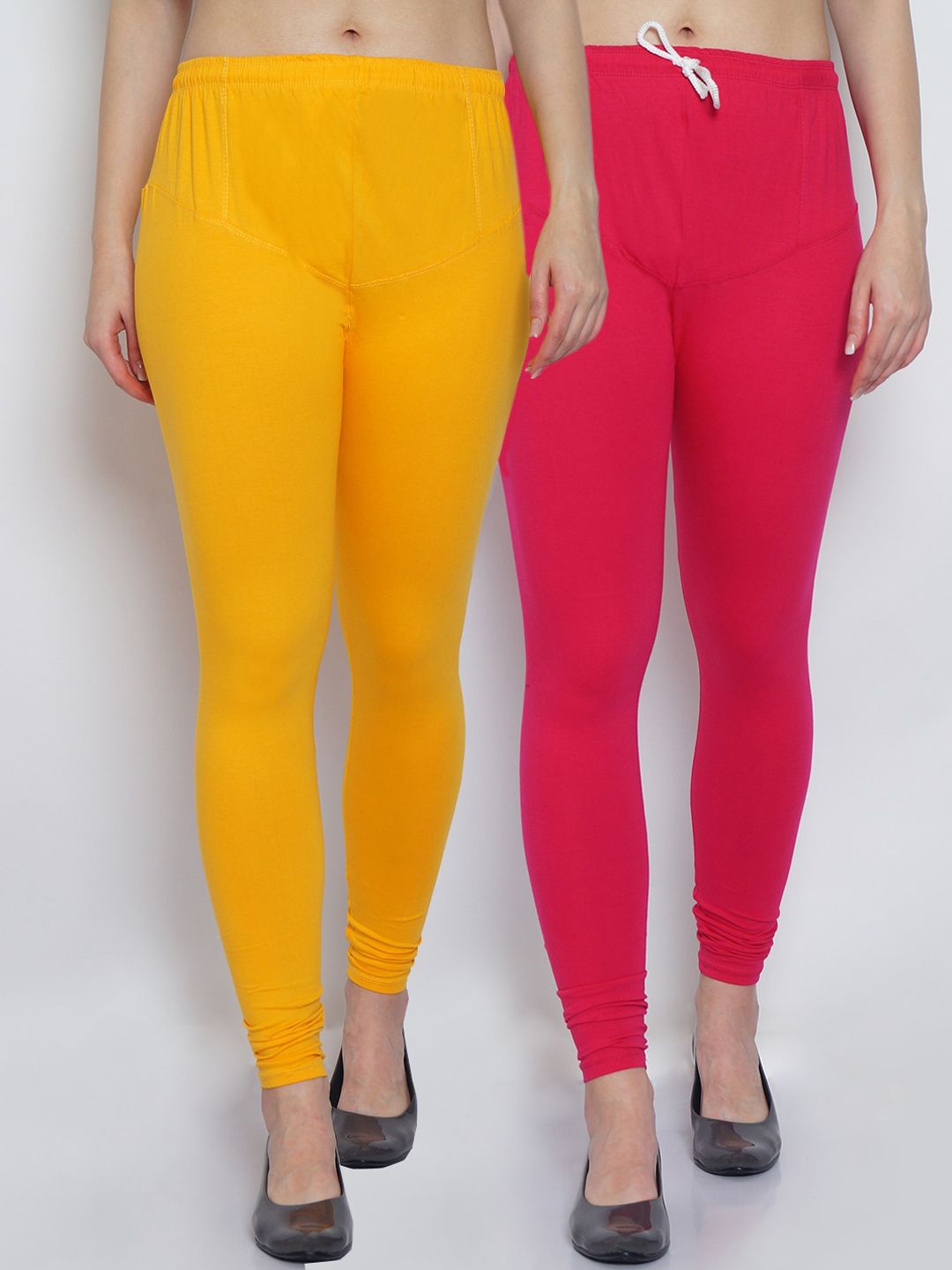 GRACIT Women Pack Of 2 Yellow & Pink Solid Churidar Leggings Price in India