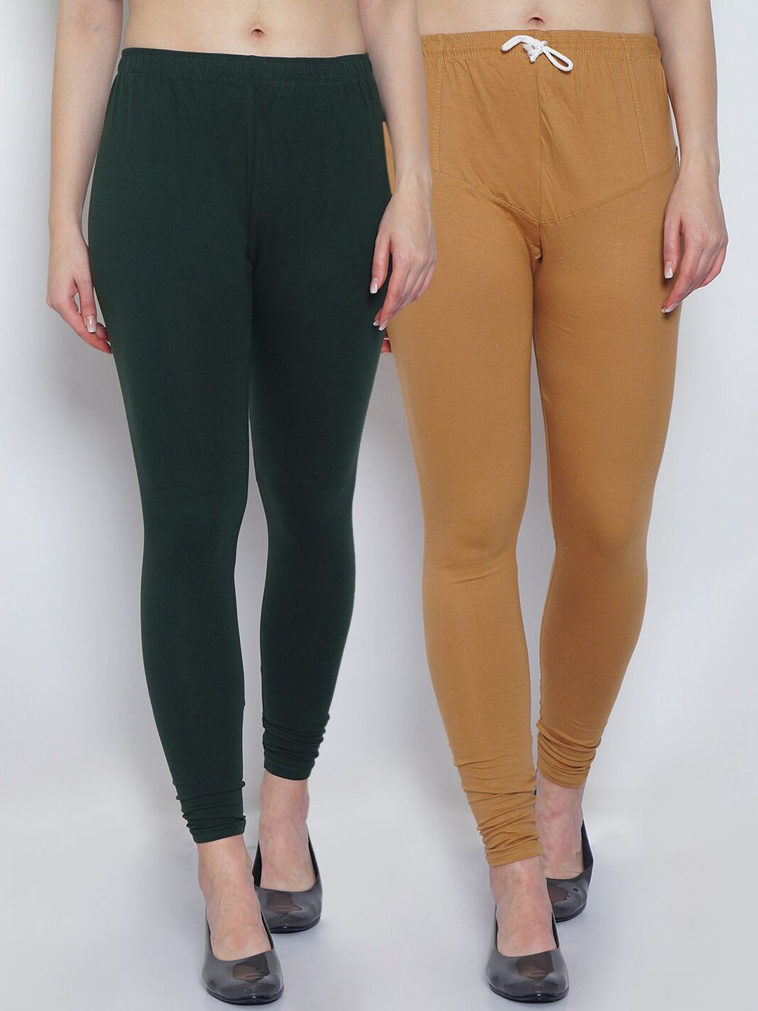 GRACIT Woman Pack of 2 Solid Green & Camel Brown Churidar Length Legging Price in India