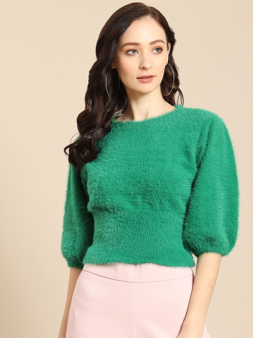 COVER STORY Women Green Faux Fur Pullover Price in India