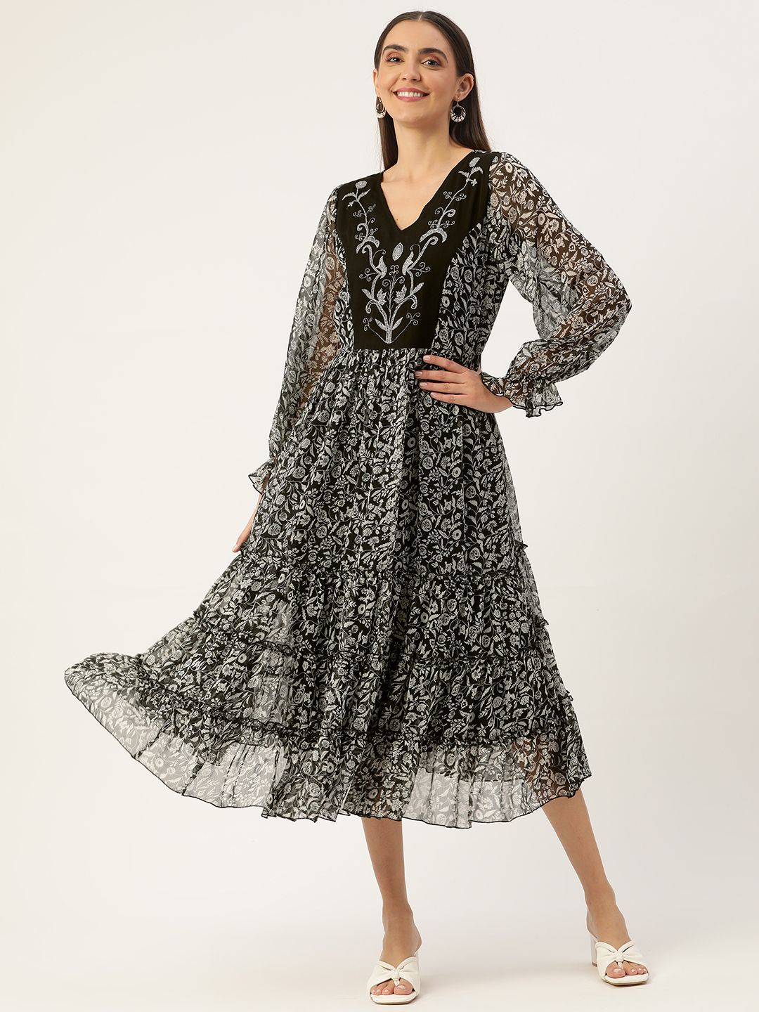 Antheaa Black & White Floral Embroidered Detail Tiered Dress Price in India