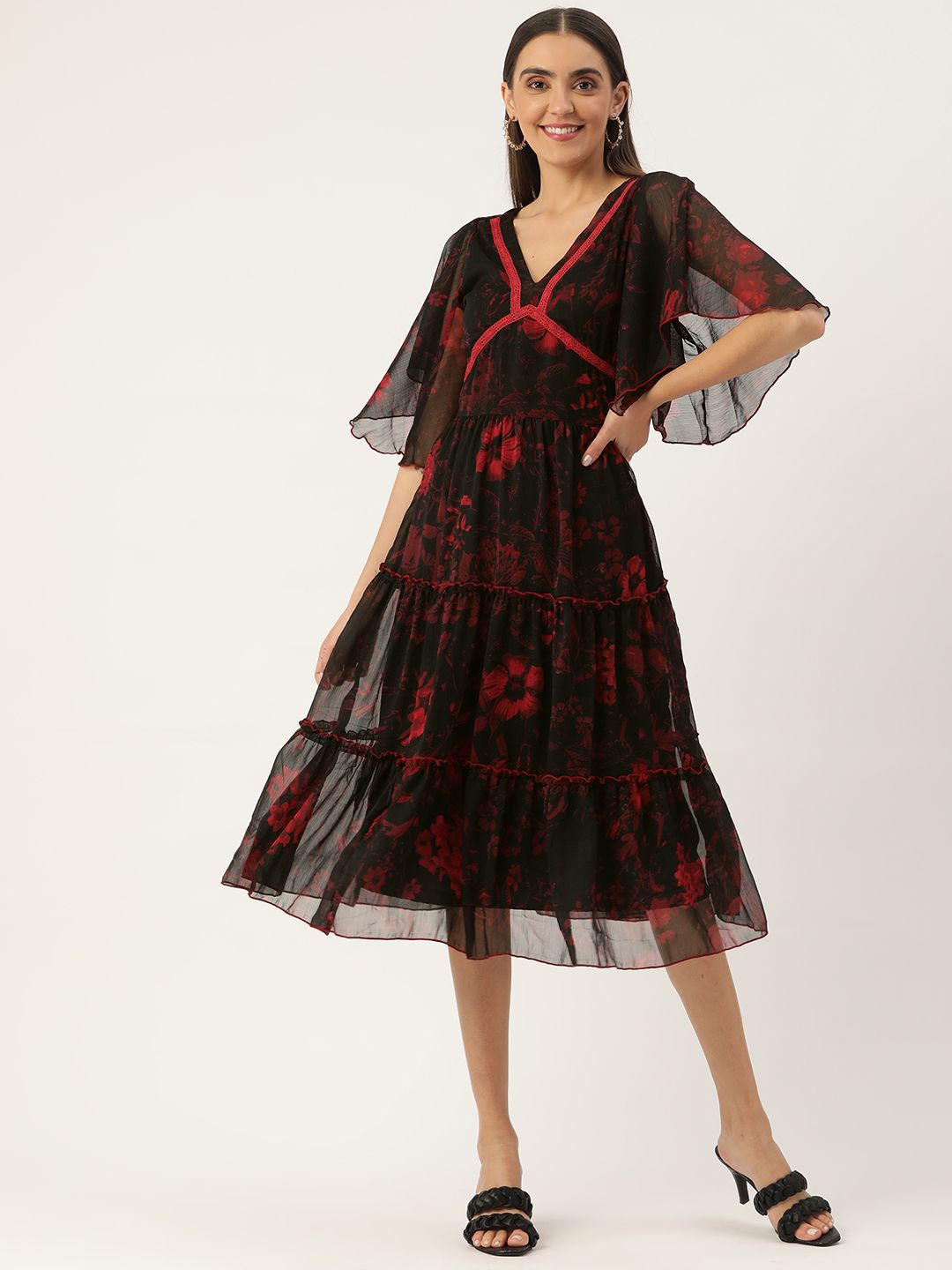 Antheaa Black & Red Floral Chiffon Tiered Dress Price in India