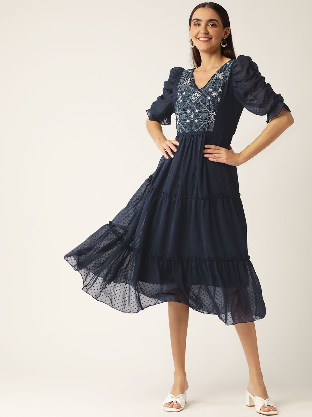 Antheaa Navy Blue Self Design Embroidered Detail Puff Sleeves Tiered Dress Price in India