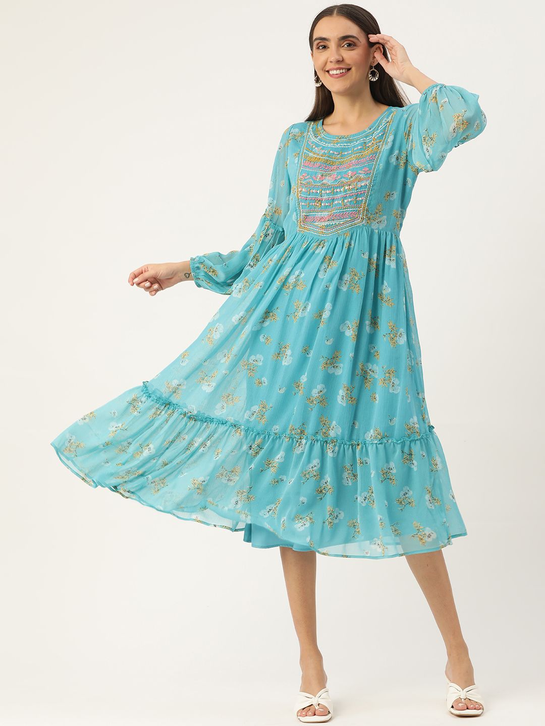 Antheaa Turquoise Blue Floral Embroidered Detail Tiered Dress Price in India