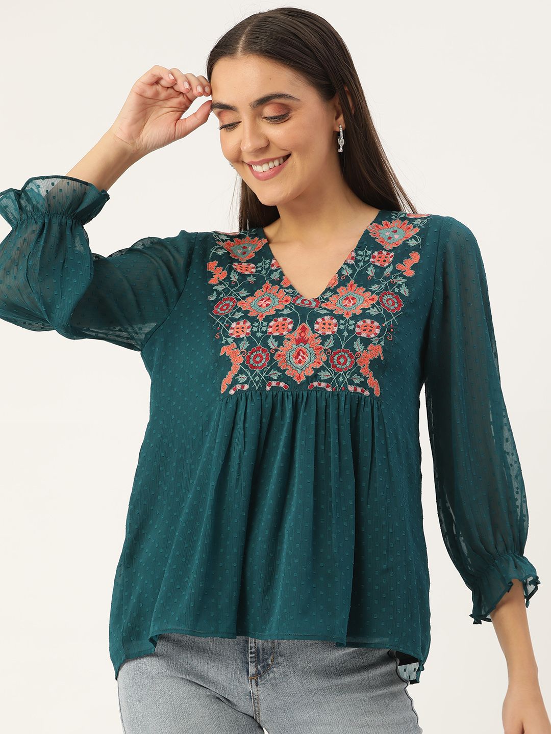 Antheaa Teal Green Self Design Embroidered Detail Chiffon Top