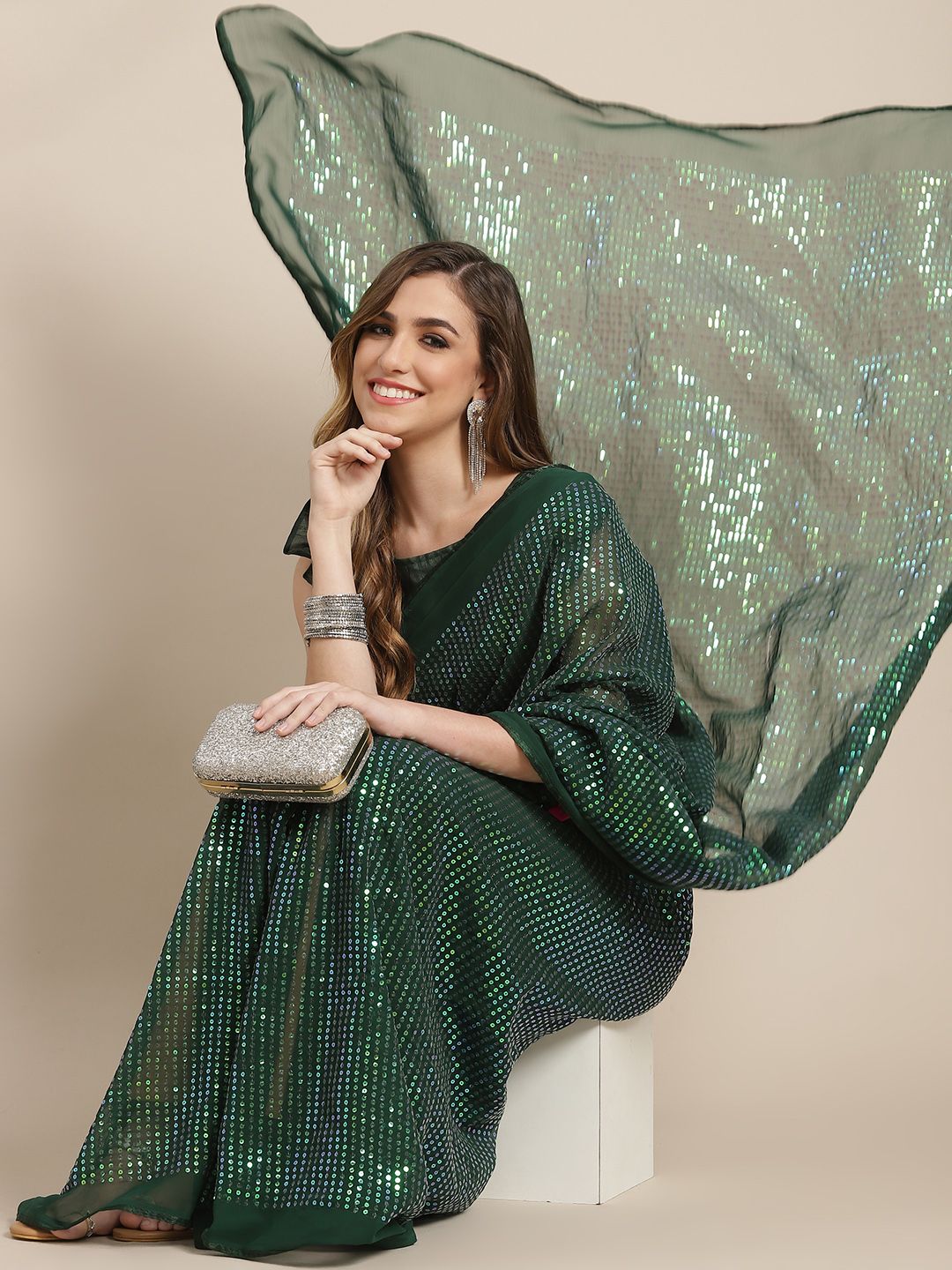 Mitera Green Embellished Sequinned Pure Georgette Heavy Work Saree Price in India