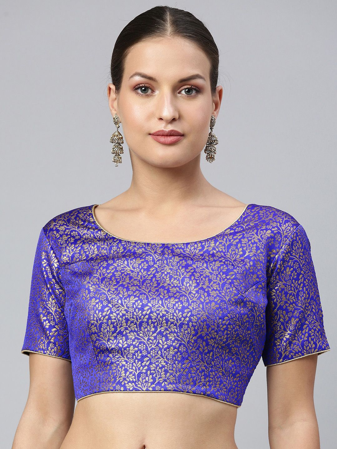 flaher Women Blue & Gold Ethnic Motifs Jacquard Woven Design Blouse with Tie-Ups Price in India