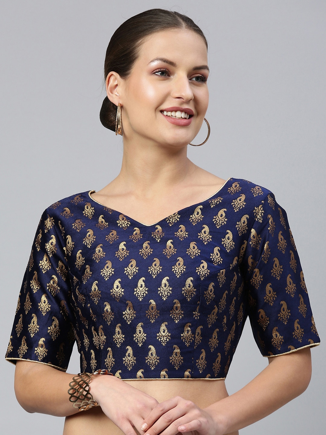 flaher Women Navy Blue & Gold Ethnic Motifs Woven Jacquard Design Blouse with Tie-Ups Price in India