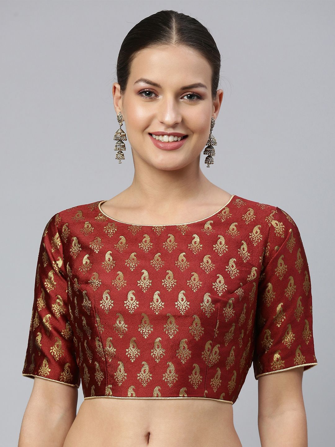 flaher Women Maroon & Gold Ethnic Motifs Jacquard Woven Design Saree Blouse with Tie-Ups Price in India