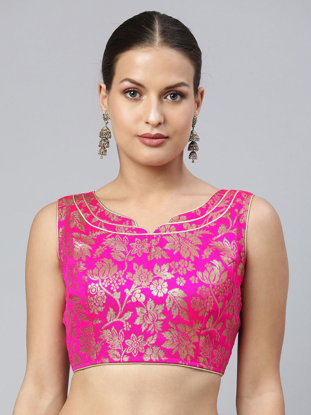 flaher Women Pink & Gold Ethnic Motifs Jacquard Woven Design Saree Blouse with Tie-Ups Price in India