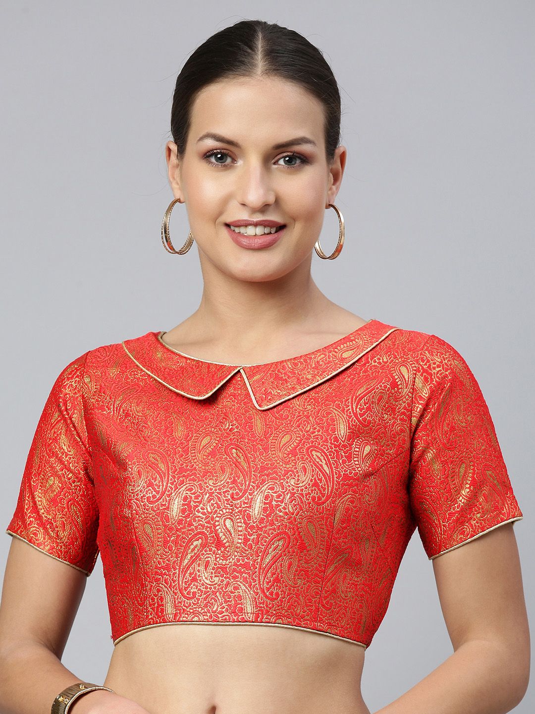 flaher Women Red & Gold Ethnic Motifs Jacquard Woven Design Saree Blouse with Cut-Out Price in India