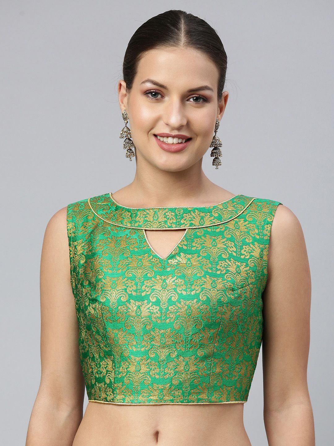 flaher Women Green & Gold Ethnic Motifs Jacquard Woven Design Saree Blouse with Cut-Out Price in India