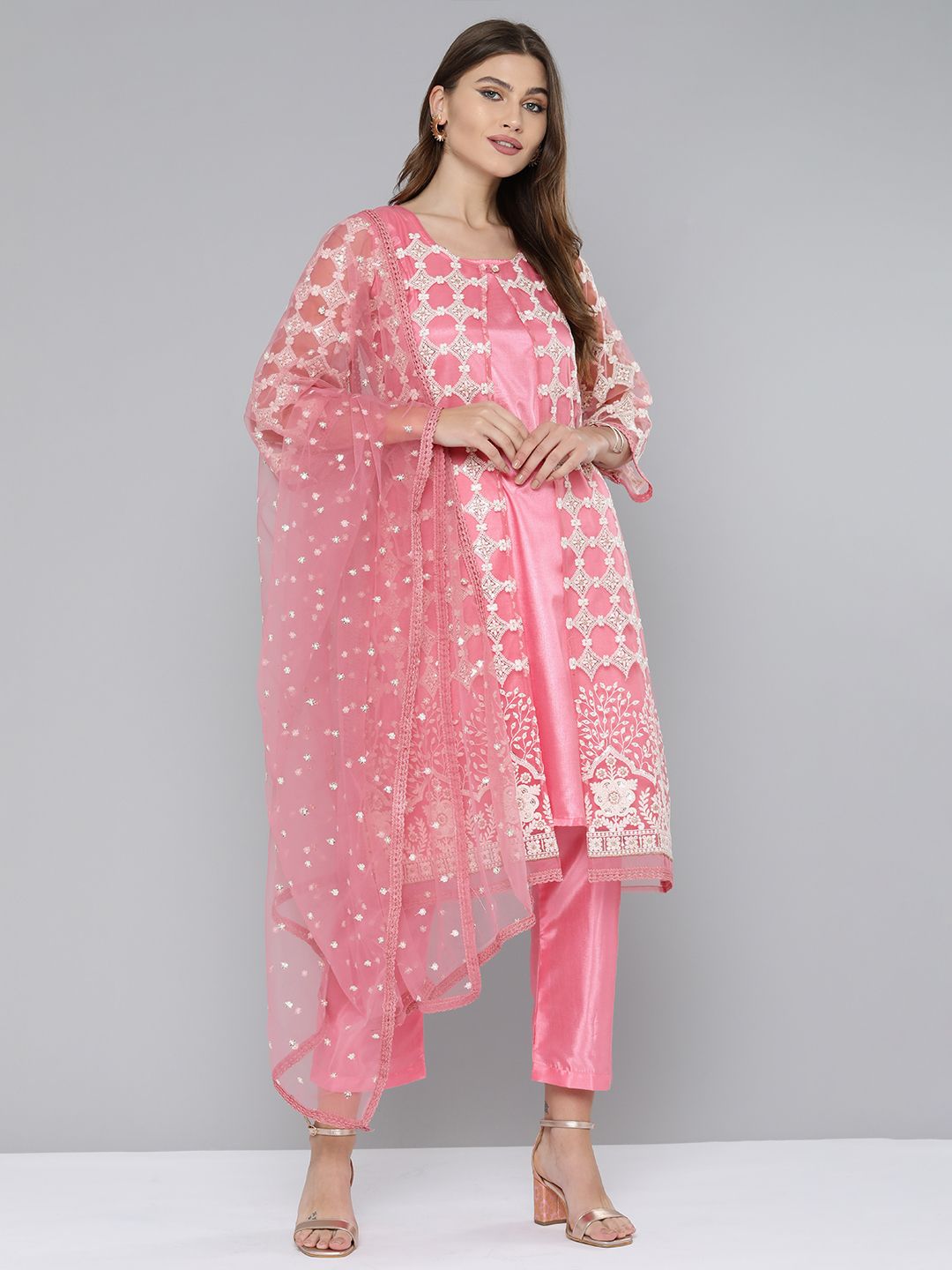 Kvsfab Pink & Off-White Net Embroidered Unstitched Dress Material Price in India