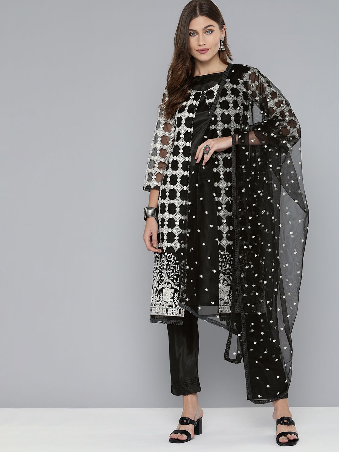 Kvsfab Black & Off-White Net Embroidered Unstitched Dress Material Price in India