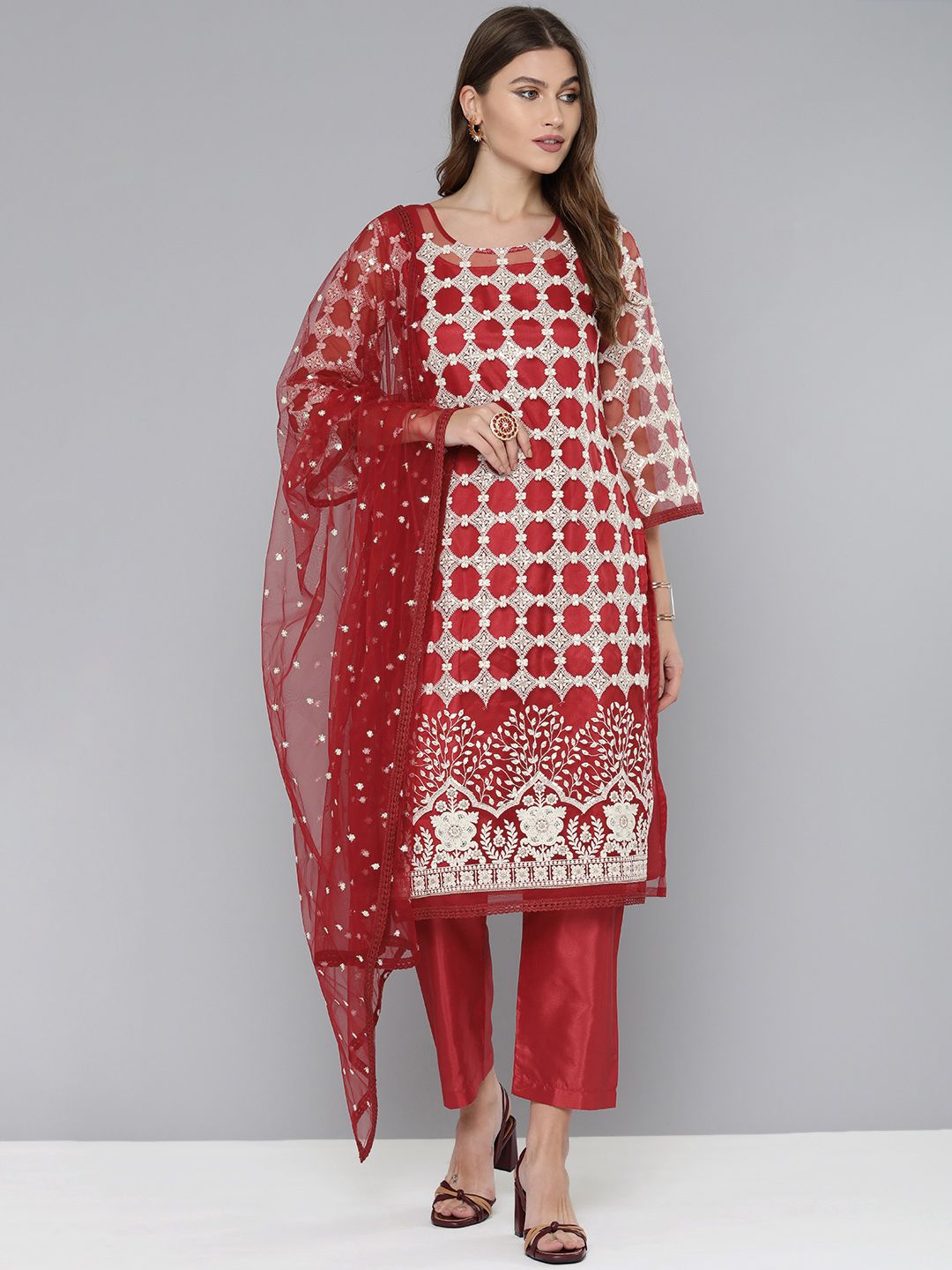 Kvsfab Red & Off White Embroidered Unstitched Dress Material Price in India