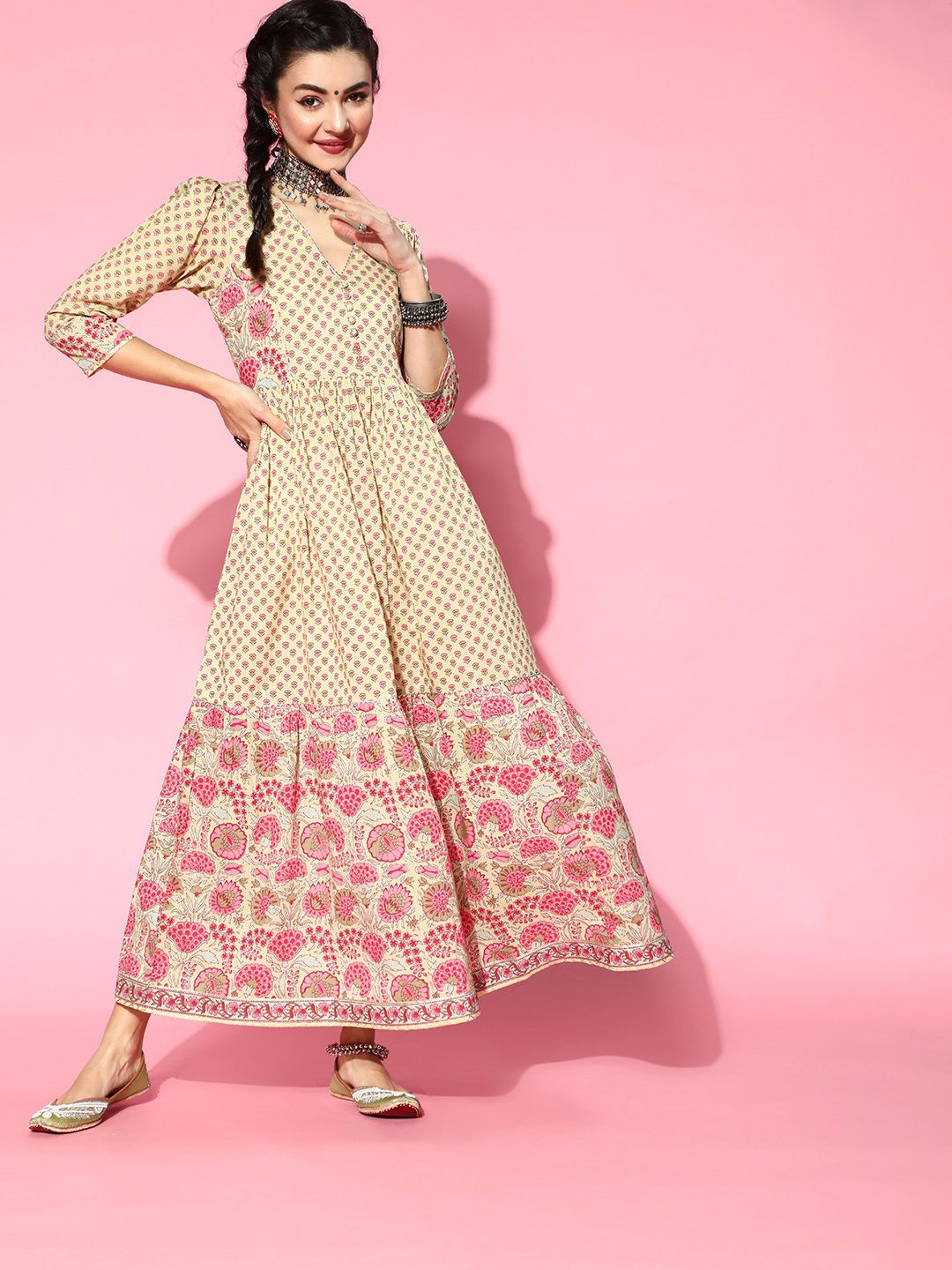 Prakrti Women Classy Beige Ethnic Motifs Dress Price in India