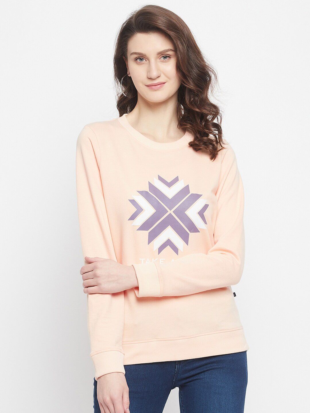 HARBORNBAY Women Peach-Coloured & Lavender Printed Sweatshirt Price in India